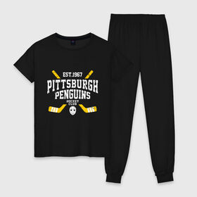 Женская пижама хлопок с принтом Pittsburgh Penguins в Рязани, 100% хлопок | брюки и футболка прямого кроя, без карманов, на брюках мягкая резинка на поясе и по низу штанин | hockey | nhl | penguins | pittsburg | pittsburgh | pittsburgh penguins | usa | нхл | пингвинз | питтсбург | питтсбург пингвинз | спорт | сша | хоккей | шайба