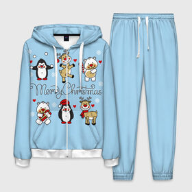Мужской костюм 3D с принтом С рождеством! в Рязани, 100% полиэстер | Манжеты и пояс оформлены тканевой резинкой, двухслойный капюшон со шнурком для регулировки, карманы спереди | зимние праздники. | мишки | олени | пингвины | праздники | рождество | сердечки