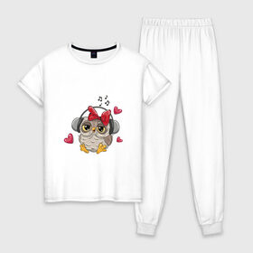 Женская пижама хлопок с принтом Музыкальная совушка в Рязани, 100% хлопок | брюки и футболка прямого кроя, без карманов, на брюках мягкая резинка на поясе и по низу штанин | 