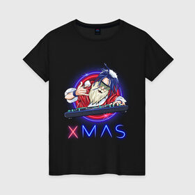 Женская футболка хлопок с принтом Санта клаус-XMAS в Рязани, 100% хлопок | прямой крой, круглый вырез горловины, длина до линии бедер, слегка спущенное плечо | 