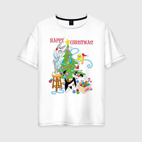 Женская футболка хлопок Oversize с принтом Happy Christmas! в Рязани, 100% хлопок | свободный крой, круглый ворот, спущенный рукав, длина до линии бедер
 | bugs | bunny | cat | looney | sylvester | tunes | vdzajul | багз | бани | банни | сильвестр кот | твити