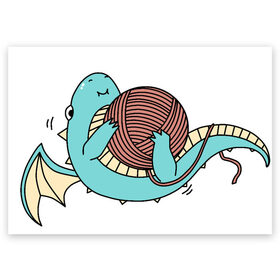 Поздравительная открытка с принтом Маленький дракончик в Рязани, 100% бумага | плотность бумаги 280 г/м2, матовая, на обратной стороне линовка и место для марки
 | динозавр | дракон | дракончик | клубок | малыш | нитки