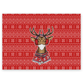 Поздравительная открытка с принтом Deer in a medical mask в Рязани, 100% бумага | плотность бумаги 280 г/м2, матовая, на обратной стороне линовка и место для марки
 | Тематика изображения на принте: deer | happy new year | new year | santa | защитный экран | корона | коронавирус | новогодний свитер | новый год | свитер | свитер с маской | свитер с оленями
