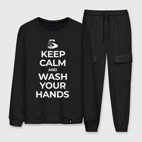 Мужской костюм хлопок с принтом Keep Calm and Wash Your Hands в Рязани, 100% хлопок | на свитшоте круглая горловина, мягкая резинка по низу. Брюки заужены к низу, на них два вида карманов: два “обычных” по бокам и два объемных, с клапанами, расположенные ниже линии бедра. Брюки с мягкой трикотажной резинкой на поясе и по низу штанин. В поясе для дополнительного комфорта — широкие завязки | Тематика изображения на принте: keep calm | защита | коронавирус | мойте руки | самоизоляция | стоп ковид