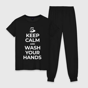 Женская пижама хлопок с принтом Keep Calm and Wash Your Hands в Рязани, 100% хлопок | брюки и футболка прямого кроя, без карманов, на брюках мягкая резинка на поясе и по низу штанин | keep calm | защита | коронавирус | мойте руки | самоизоляция | стоп ковид