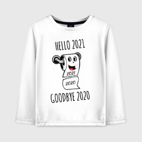 Детский лонгслив хлопок с принтом HELLO 2021 GOODBYE 2020 в Рязани, 100% хлопок | круглый вырез горловины, полуприлегающий силуэт, длина до линии бедер | Тематика изображения на принте: 2021 | christmas | merry christmas | snow | winter | winter is coming | зима близко | нг | новогодний | новогодний свитер | новый год | новый год 2021 | свитер | снег | снежинки