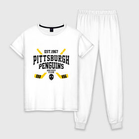 Женская пижама хлопок с принтом Питтсбург Пингвинз в Рязани, 100% хлопок | брюки и футболка прямого кроя, без карманов, на брюках мягкая резинка на поясе и по низу штанин | hockey | nhl | penguins | pittsburg | pittsburgh | pittsburgh penguins | usa | нхл | пингвинз | питтсбург | питтсбург пингвинз | спорт | сша | хоккей | шайба