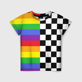Детская футболка 3D с принтом Rainbow в Рязани, 100% гипоаллергенный полиэфир | прямой крой, круглый вырез горловины, длина до линии бедер, чуть спущенное плечо, ткань немного тянется | Тематика изображения на принте: музыкант | паттерн | полосы | радуга | реп | рэп | текаши | шахматы | шашки