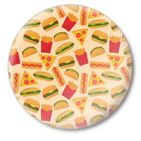 Значок с принтом Фастфуд в Рязани,  металл | круглая форма, металлическая застежка в виде булавки | Тематика изображения на принте: бургер | еда | картошка фри | пицца | такос | фастфуд | хот дог