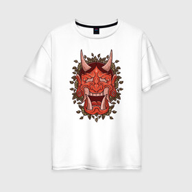 Женская футболка хлопок Oversize с принтом Oni demon samurai mask в Рязани, 100% хлопок | свободный крой, круглый ворот, спущенный рукав, длина до линии бедер
 | art | cyberpunk samurai | ninja | oni | ronin | samurai | shogun | yakuza | арт | воин | воитель | демон | киберпанк самурай | мерч | мужик | мужчина | они | путь воина | путь война | ронин | сёгун | сепукку | токио | черный самурай