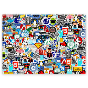 Поздравительная открытка с принтом Programming stickers в Рязани, 100% бумага | плотность бумаги 280 г/м2, матовая, на обратной стороне линовка и место для марки
 | Тематика изображения на принте: css | it | linux | programming | wi fi | код | компьютер | линукс | программирование | профессия | стикер бомбинг