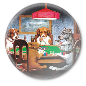 Значок с принтом Собаки играют в покер в Рязани,  металл | круглая форма, металлическая застежка в виде булавки | a friend in need | art | artist | bets | buldog | cards | chips | dogs | gambling | games | memes | picture | poker | азартные игры | бульдог | друг познается в беде | искусство | картина | карты | мемы | покер | сенбернар | собаки | собачки | ставки