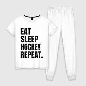 Женская пижама хлопок с принтом EAT SLEEP HOCKEY REPEAT в Рязани, 100% хлопок | брюки и футболка прямого кроя, без карманов, на брюках мягкая резинка на поясе и по низу штанин | boston | bruins | capitals | detroit | eat | eat sleep hockey repeat | hockey | nhl | penguins | pittsburgh | red wings | repeat | sleep | washington | вашингтон кэпиталз | нхл | питтсбург пингвинз | хокей | хоккей