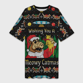 Платье-футболка 3D с принтом Wishing you a meowy catmas в Рязани,  |  | 2020 | 2021 | christmas | happy | merry | new year | santa | sweater | ugly christmas | альф | зима | котик | новогодний | новогодняя | новый год | рождественский | рождественский свитер | рождество | санта | свитер | снег