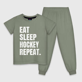 Детская пижама хлопок с принтом EAT SLEEP HOCKEY REPEAT в Рязани, 100% хлопок |  брюки и футболка прямого кроя, без карманов, на брюках мягкая резинка на поясе и по низу штанин
 | Тематика изображения на принте: boston | bruins | capitals | detroit | eat | eat sleep hockey repeat | hockey | nhl | penguins | pittsburgh | red wings | repeat | sleep | washington | вашингтон кэпиталз | нхл | питтсбург пингвинз | хокей | хоккей