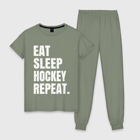 Женская пижама хлопок с принтом EAT SLEEP HOCKEY REPEAT в Рязани, 100% хлопок | брюки и футболка прямого кроя, без карманов, на брюках мягкая резинка на поясе и по низу штанин | boston | bruins | capitals | detroit | eat | eat sleep hockey repeat | hockey | nhl | penguins | pittsburgh | red wings | repeat | sleep | washington | вашингтон кэпиталз | нхл | питтсбург пингвинз | хокей | хоккей