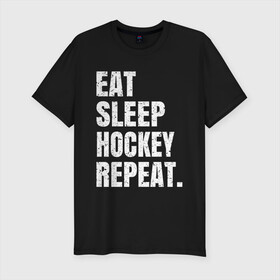 Мужская футболка хлопок Slim с принтом EAT SLEEP HOCKEY REPEAT в Рязани, 92% хлопок, 8% лайкра | приталенный силуэт, круглый вырез ворота, длина до линии бедра, короткий рукав | boston | bruins | capitals | detroit | eat | eat sleep hockey repeat | hockey | nhl | penguins | pittsburgh | red wings | repeat | sleep | washington | вашингтон кэпиталз | нхл | питтсбург пингвинз | хокей | хоккей