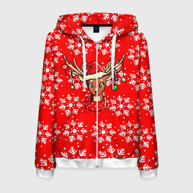 Мужская толстовка 3D на молнии Новый год | Наряженный олень: в Рязани, 100% полиэстер | длина до линии бедра, манжеты и пояс оформлены мягкой тканевой резинкой, двухслойный капюшон со шнурком для регулировки, спереди молния, по бокам два кармана | Тематика изображения на принте: 