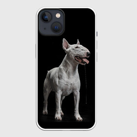 Чехол для iPhone 13 с принтом Bully в Рязани,  |  | Тематика изображения на принте: bull terrier | dog | ears | eyes | fangs | jaw | muzzle | paws | saliva | tongue | бультерьер | глаза | клыки | лапы | нос | пасть | слюна | собака | уши | язык