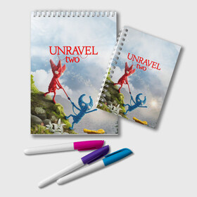 Блокнот с принтом Unravel Two (Z) в Рязани, 100% бумага | 48 листов, плотность листов — 60 г/м2, плотность картонной обложки — 250 г/м2. Листы скреплены удобной пружинной спиралью. Цвет линий — светло-серый
 | coldwood interactive | unravel | unravel two | головоломка | красная пряжа | распутать | семейная игра | ярни