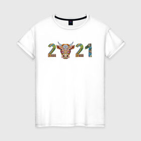 Женская футболка хлопок с принтом Год быка 2021 в Рязани, 100% хлопок | прямой крой, круглый вырез горловины, длина до линии бедер, слегка спущенное плечо | 2021 | 7 января | bull | newyear | santa | бык | быки | бычок | год быка | дед мороз | корова | новогодние каникулы | новогодние праздники | новый 2021 | новый год | новый год 2021 | рождество | сани | санта | санта клаус