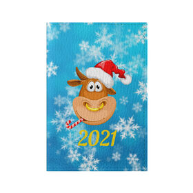 Обложка для паспорта матовая кожа с принтом Год быка 2021 в Рязани, натуральная матовая кожа | размер 19,3 х 13,7 см; прозрачные пластиковые крепления | 2021 | 7 января | bull | newyear | santa | бык | быки | бычок | год быка | дед мороз | корова | новогодние каникулы | новогодние праздники | новый 2021 | новый год | новый год 2021 | рождество | сани | санта | санта клаус