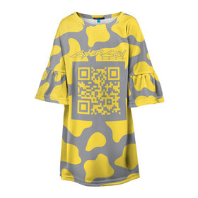 Детское платье 3D с принтом CyberCow 2021 в Рязани, 100% полиэстер | прямой силуэт, чуть расширенный к низу. Круглая горловина, на рукавах — воланы | Тематика изображения на принте: cyberpunk | cyberrussia | illuminating | pantone | qr code | ultimate grey | безупречный | бык | желтый | киберкорова | корова | новый год | освещающий | пятна | серый