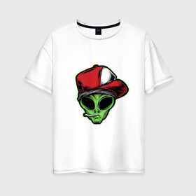Женская футболка хлопок Oversize с принтом Alien gangster в Рязани, 100% хлопок | свободный крой, круглый ворот, спущенный рукав, длина до линии бедер
 | alien | бандит | гангстер | инопланетянин | кепка | крутой | нло | опасный | пришелец | хипстер