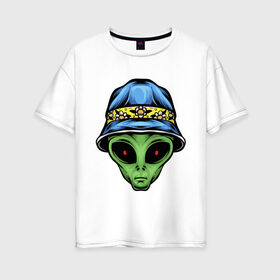 Женская футболка хлопок Oversize с принтом Alien in panama в Рязани, 100% хлопок | свободный крой, круглый ворот, спущенный рукав, длина до линии бедер
 | alien | инопланетянин | кепка | нло | пришелец | хипстер | шляпа