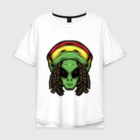 Мужская футболка хлопок Oversize с принтом Reggae alien в Рязани, 100% хлопок | свободный крой, круглый ворот, “спинка” длиннее передней части | alien | волосы | инопланетянин | кепка | нло | пришелец | растаман | регги | хипстер | шляпа