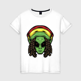 Женская футболка хлопок с принтом Reggae alien в Рязани, 100% хлопок | прямой крой, круглый вырез горловины, длина до линии бедер, слегка спущенное плечо | alien | волосы | инопланетянин | кепка | нло | пришелец | растаман | регги | хипстер | шляпа
