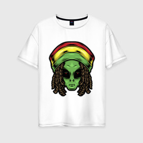 Женская футболка хлопок Oversize с принтом Reggae alien в Рязани, 100% хлопок | свободный крой, круглый ворот, спущенный рукав, длина до линии бедер
 | alien | волосы | инопланетянин | кепка | нло | пришелец | растаман | регги | хипстер | шляпа