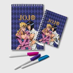 Блокнот с принтом JOJO в Рязани, 100% бумага | 48 листов, плотность листов — 60 г/м2, плотность картонной обложки — 250 г/м2. Листы скреплены удобной пружинной спиралью. Цвет линий — светло-серый
 | Тематика изображения на принте: jojo log | jojo no kimyou na bouken | jojos bizarre adventure | невероятное приключение джоджо