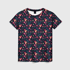 Женская футболка 3D с принтом Птичка узор в Рязани, 100% полиэфир ( синтетическое хлопкоподобное полотно) | прямой крой, круглый вырез горловины, длина до линии бедер | молодежная | птичка | узор | цветочек