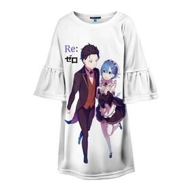 Детское платье 3D с принтом Re:Zero в Рязани, 100% полиэстер | прямой силуэт, чуть расширенный к низу. Круглая горловина, на рукавах — воланы | Тематика изображения на принте: anime heroes | girl | kawaii | ram | re zero | re:zero | rem | жизнь с нуля в альтернативном мире | кавайный | логотипы аниме | мальчик и девочка | нацуки | нацуки субару | персонажи аниме | рам | рам и рем | ре зеро | рем