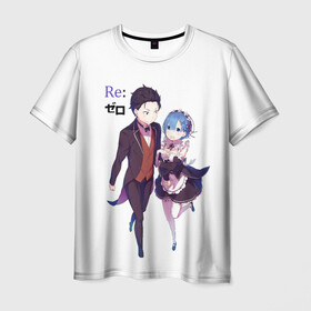 Мужская футболка 3D с принтом Re:Zero в Рязани, 100% полиэфир | прямой крой, круглый вырез горловины, длина до линии бедер | anime heroes | girl | kawaii | ram | re zero | re:zero | rem | жизнь с нуля в альтернативном мире | кавайный | логотипы аниме | мальчик и девочка | нацуки | нацуки субару | персонажи аниме | рам | рам и рем | ре зеро | рем