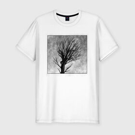 Мужская футболка хлопок Slim с принтом Дом на дереве в Рязани, 92% хлопок, 8% лайкра | приталенный силуэт, круглый вырез ворота, длина до линии бедра, короткий рукав | ветки | графика | дерево | дом | жуткий | мрачный | небо | одиночество | пасмурно | пустота