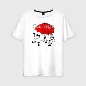 Женская футболка хлопок Oversize с принтом Поцелуй - Красный зонтик в Рязани, 100% хлопок | свободный крой, круглый ворот, спущенный рукав, длина до линии бедер
 | art | cat | арт | звери. животные | картинка | кот | котик. котенок. зонтик | коты | кошка | любовь. поцелуй | рисунок