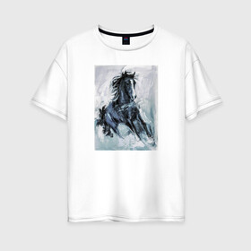 Женская футболка хлопок Oversize с принтом Лошадь арт в Рязани, 100% хлопок | свободный крой, круглый ворот, спущенный рукав, длина до линии бедер
 | horse | horseshoe | акварель | головалошади | грива | жеребец | животные | конь | лошадь | лошадьскрыльями | подкова | природа | рисуноккрасками