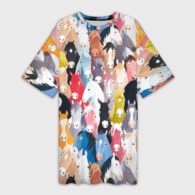 Платье-футболка 3D с принтом цветные лошади в Рязани,  |  | horse | horseshoe | акварель | головалошади | грива | жеребец | животные | конь | лошадь | лошадьскрыльями | подкова | природа | рисуноккрасками