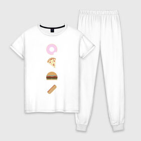 Женская пижама хлопок с принтом Fast Food в Рязани, 100% хлопок | брюки и футболка прямого кроя, без карманов, на брюках мягкая резинка на поясе и по низу штанин | doodle | бургер | вкусно | донат | еда | мило | нямка | пицца | сосиска | фастфуд | хотдог