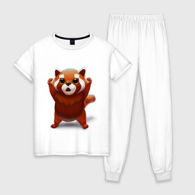 Женская пижама хлопок с принтом Красная панда в Рязани, 100% хлопок | брюки и футболка прямого кроя, без карманов, на брюках мягкая резинка на поясе и по низу штанин | big eyes | cute | red panda | большие глаза | красная панда | милаха