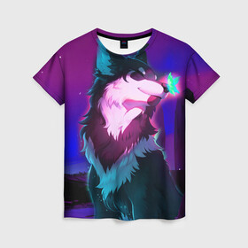 Женская футболка 3D с принтом Сказочный волк в Рязани, 100% полиэфир ( синтетическое хлопкоподобное полотно) | прямой крой, круглый вырез горловины, длина до линии бедер | wolf | бабочка | волк | волки | волшебный волк | животные | звери | магический волк