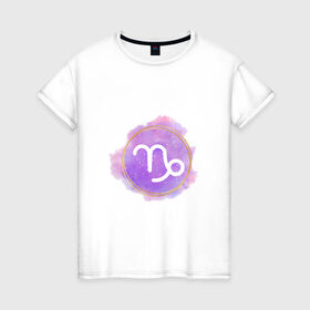 Женская футболка хлопок с принтом Козерог - космос в Рязани, 100% хлопок | прямой крой, круглый вырез горловины, длина до линии бедер, слегка спущенное плечо | восточный | знак | знак зодиака | зодиак | козерог | космос | небо | подарок | фиолетовый