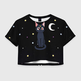 Женская футболка Crop-top 3D с принтом Луна в Рязани, 100% полиэстер | круглая горловина, длина футболки до линии талии, рукава с отворотами | sailor moon. кот луна | кот | кошка | луна | сейлор мун | сейлормун