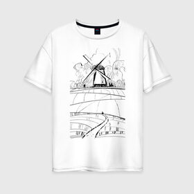 Женская футболка хлопок Oversize с принтом Мельница в Рязани, 100% хлопок | свободный крой, круглый ворот, спущенный рукав, длина до линии бедер
 | долина | кот | мельница | поля | тропинка
