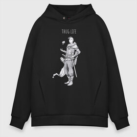 Мужское худи Oversize хлопок с принтом Thug life black в Рязани, френч-терри — 70% хлопок, 30% полиэстер. Мягкий теплый начес внутри —100% хлопок | боковые карманы, эластичные манжеты и нижняя кромка, капюшон на магнитной кнопке | adventurer | fantasy | medival | thief | thug | вор | головорез | приключенец | средневековье | фэнтэзи