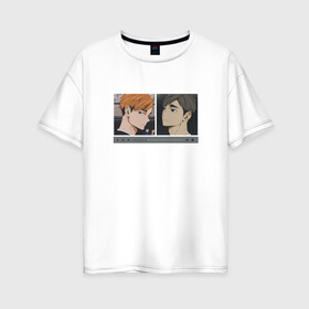 Женская футболка хлопок Oversize с принтом Haikyuu!! Miya twins в Рязани, 100% хлопок | свободный крой, круглый ворот, спущенный рукав, длина до линии бедер
 | anime | atsumu | brothers | frame | friends | guys | haikyuu | inarizaki | miya | osamu | twins | аниме | близнецы