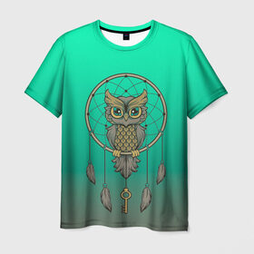 Мужская футболка 3D с принтом сова ловец снов в Рязани, 100% полиэфир | прямой крой, круглый вырез горловины, длина до линии бедер | арт | взгляд | градиент | знание | ключ | круг | ловец снов | масоны | мудрость | перо | птица | птичка | сова | тайна | филин