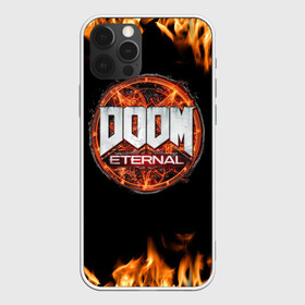Чехол для iPhone 12 Pro с принтом DOOM Eternal в Рязани, силикон | область печати: задняя сторона чехла, без боковых панелей | doom eternal | дум | игра | компьютерная | логотип | надпись | огненный | огонь | подарок | пожар | символ | фанату | черный